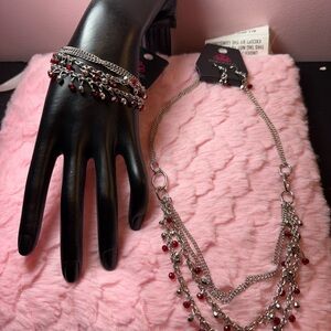 Silver and Red Beaded Necklace and Bracelet Set